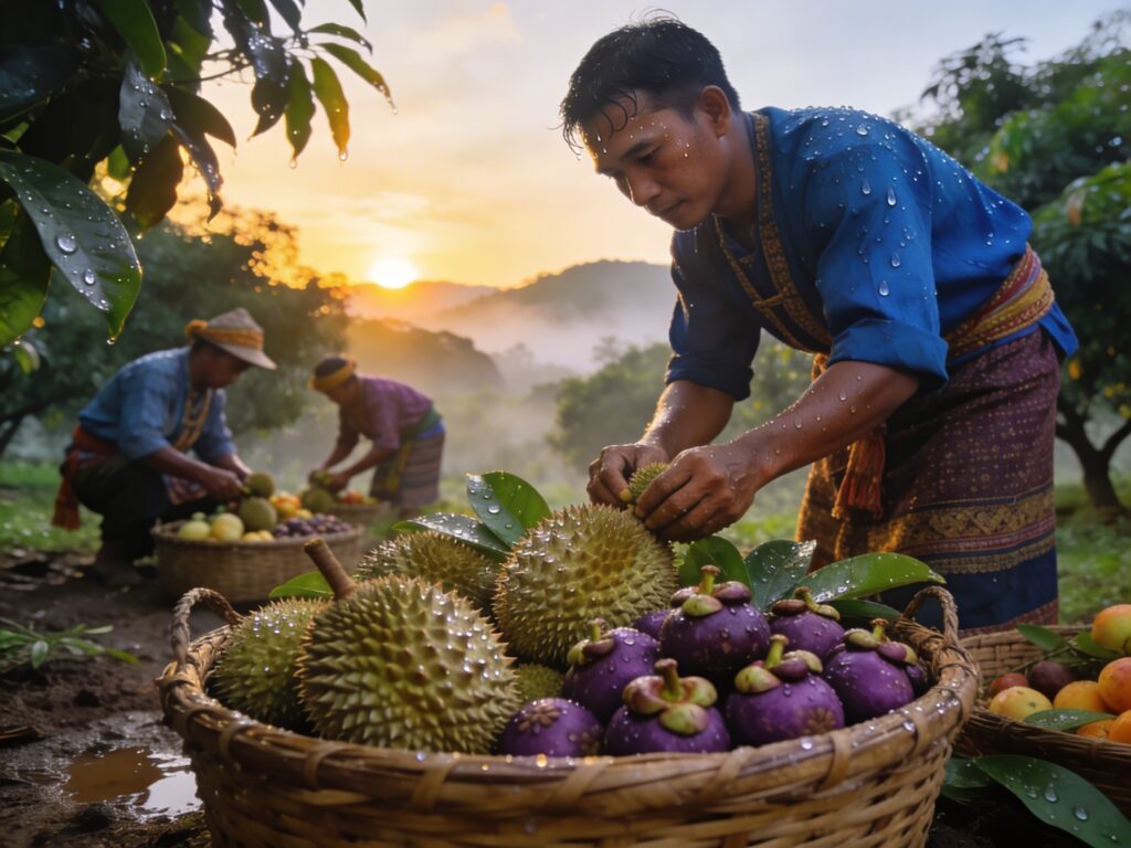 **Rayong’s Orchard Dawn: Harvesting Durian and Mangosteen with Fruit Farmers in the Morning Dew**
